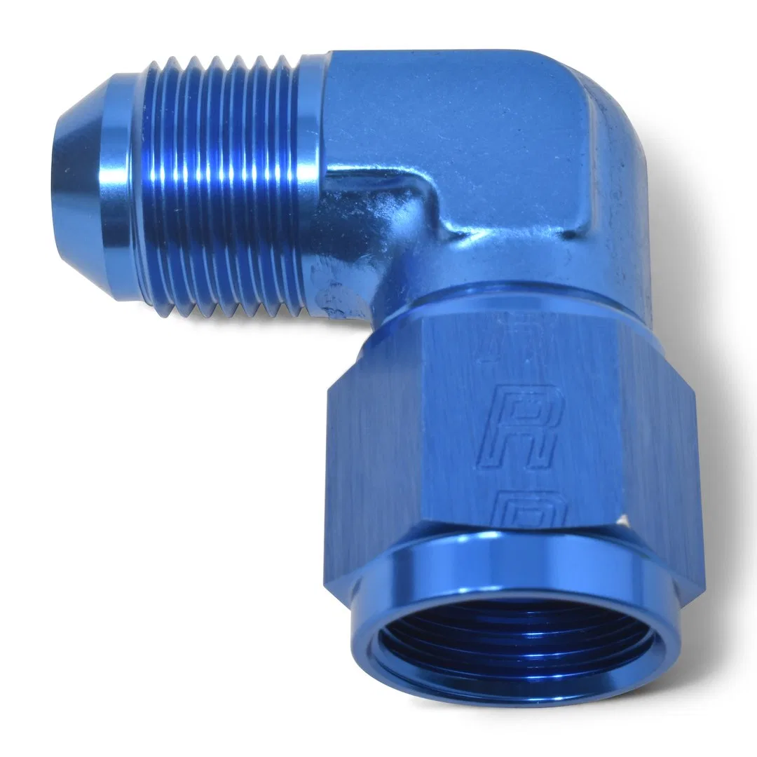 614806 – RUSSELL/EDEL Adapter Fitting, 90 Degree -6 AN Male To Female Anodized Blue Aluminum Single